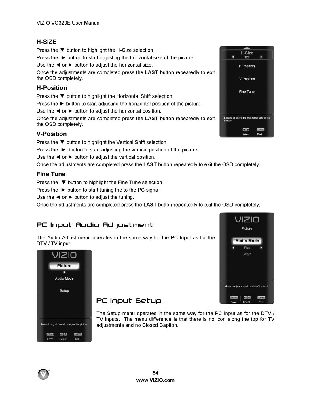 Vizio VO320E user manual PC Input Audio Adjustment, PC Input Setup, Fine Tune 