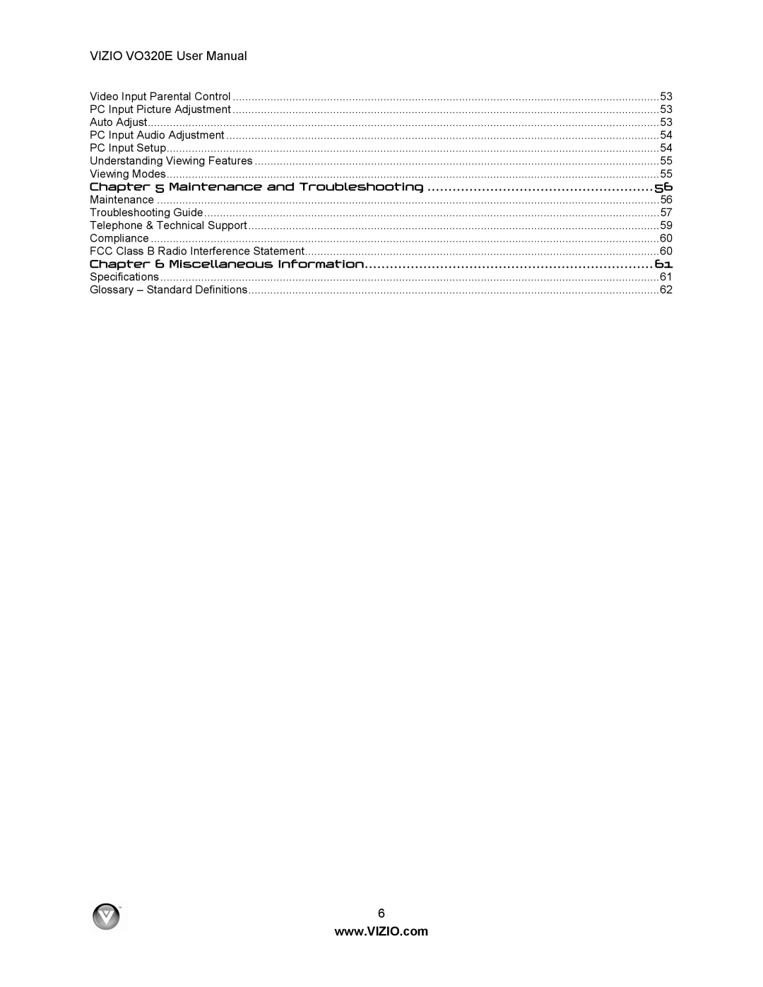 Vizio VO320E user manual Miscellaneous Information 