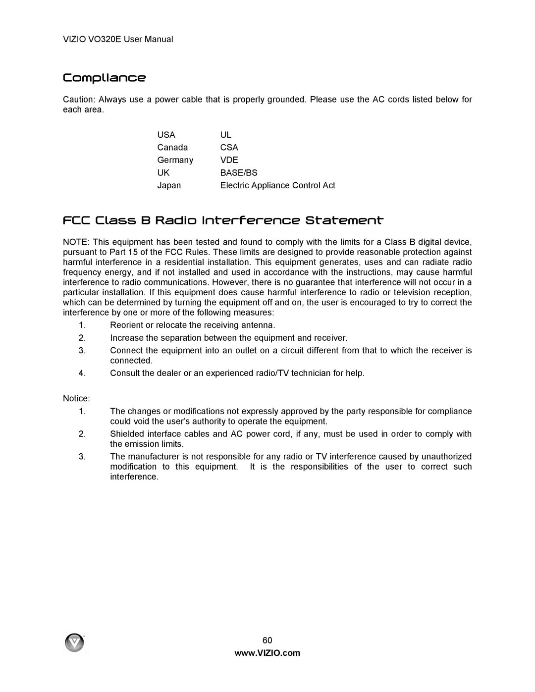 Vizio VO320E user manual Compliance, FCC Class B Radio Interference Statement 