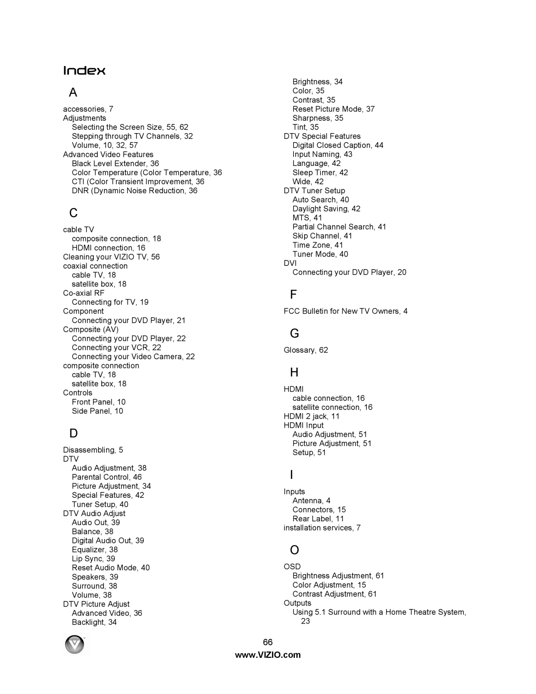 Vizio VO320E user manual Index, Dtv 