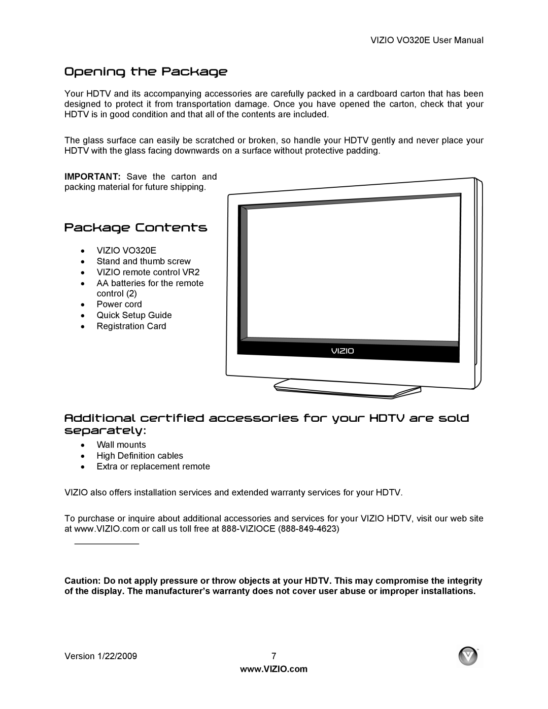 Vizio VO320E user manual Opening the Package, Package Contents 