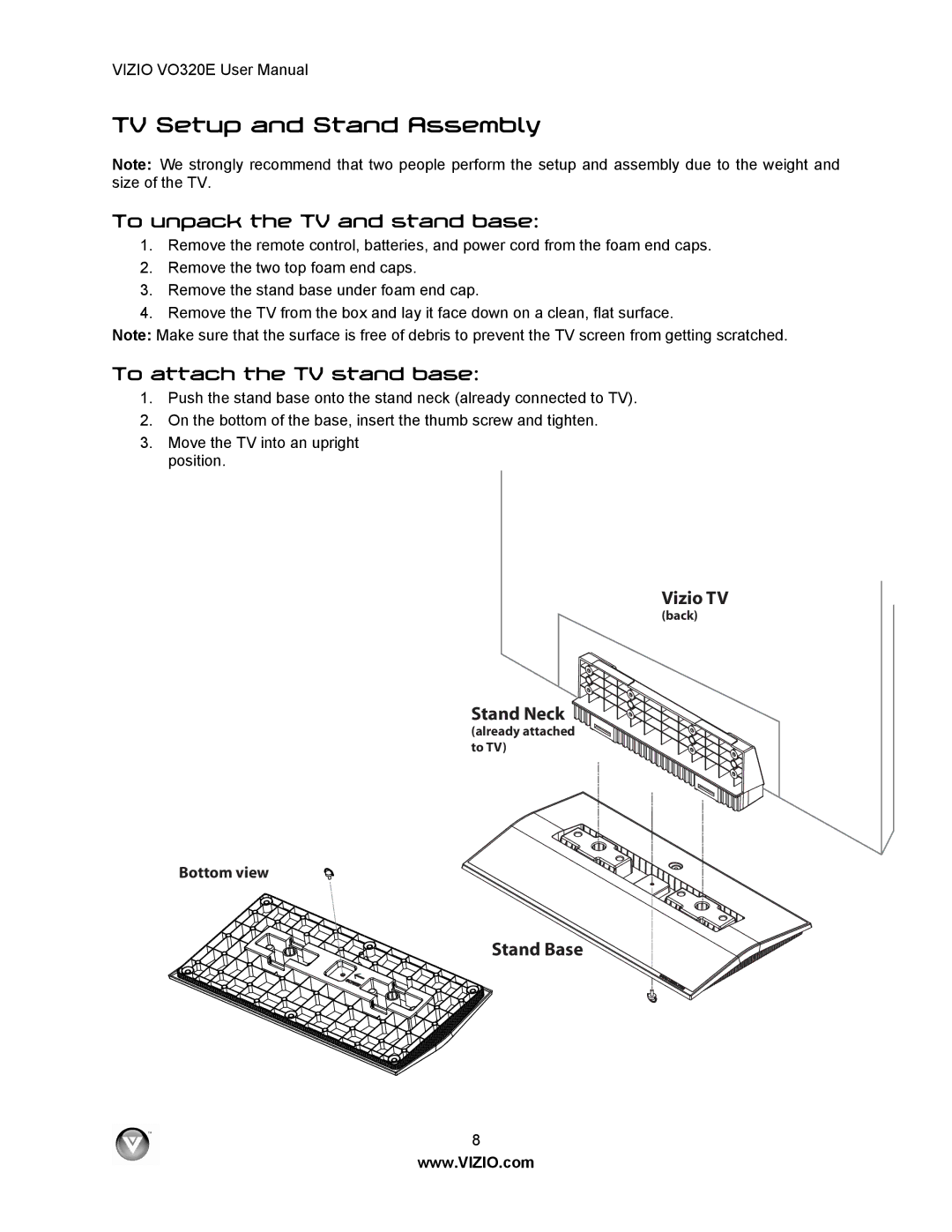 Vizio VO320E user manual TV Setup and Stand Assembly 