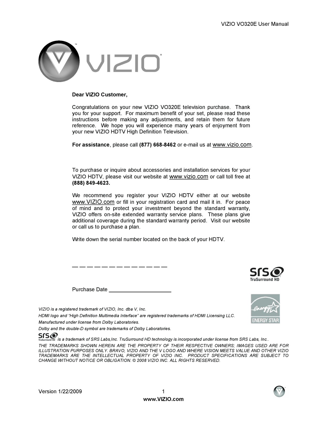 Vizio VO320E user manual Dear Vizio Customer, 888 