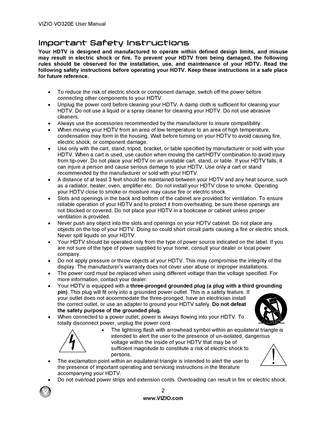 Vizio VO320E user manual Important Safety Instructions 