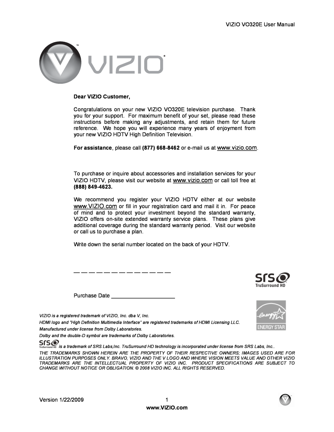 Vizio VO320E user manual Dear VIZIO Customer 