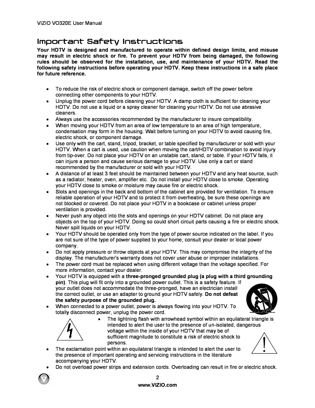 Vizio VO320E user manual Important Safety Instructions 
