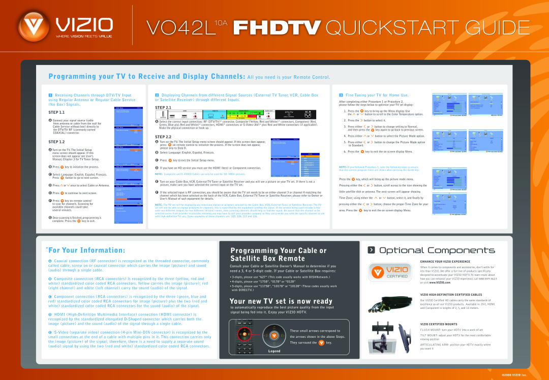 Vizio VO332L Programming Your Cable or Satellite Box Remote, VO42L10A FHDTV QUICKSTART GUIDE, Optional Components, Step 