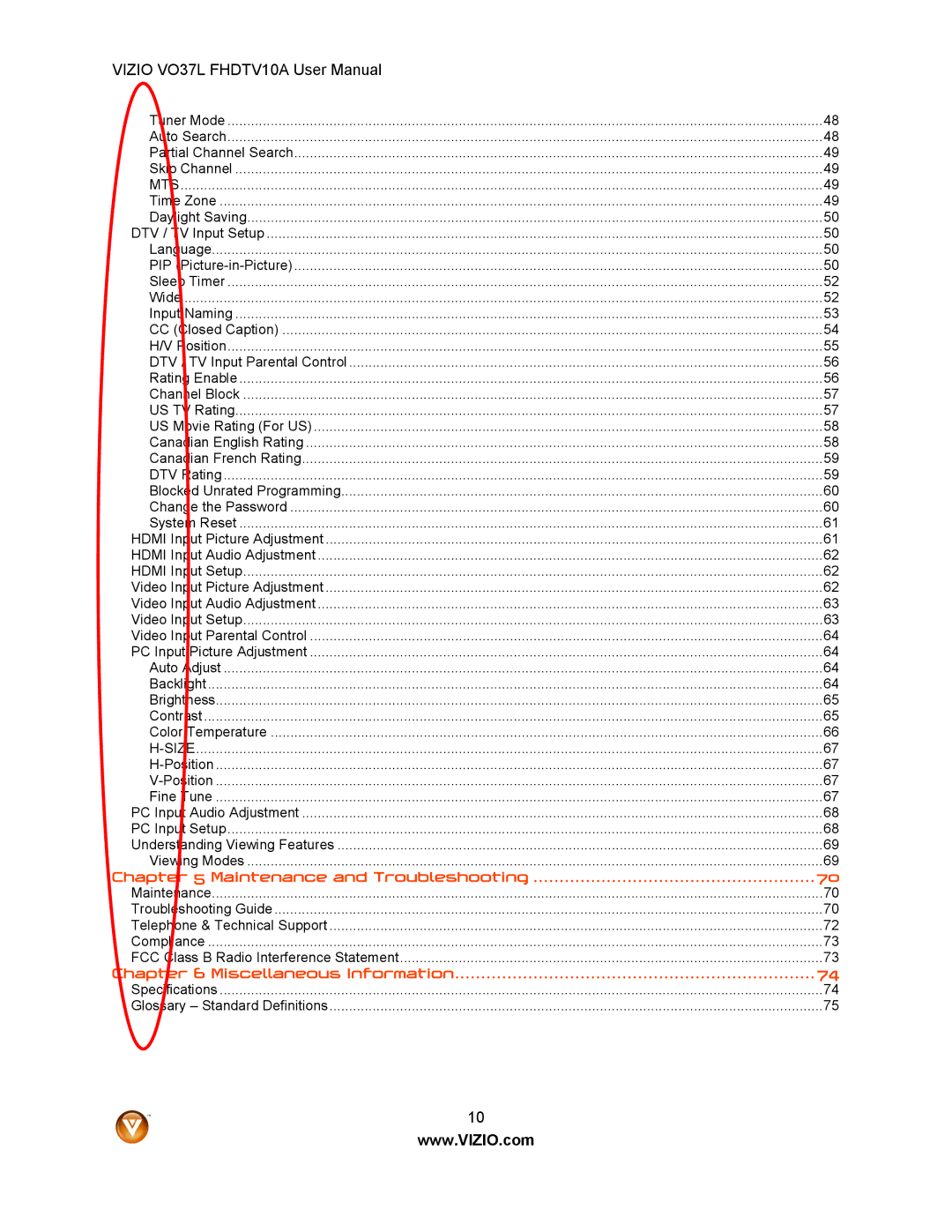 Vizio VO37L FHDTV10A user manual Miscellaneous Information 
