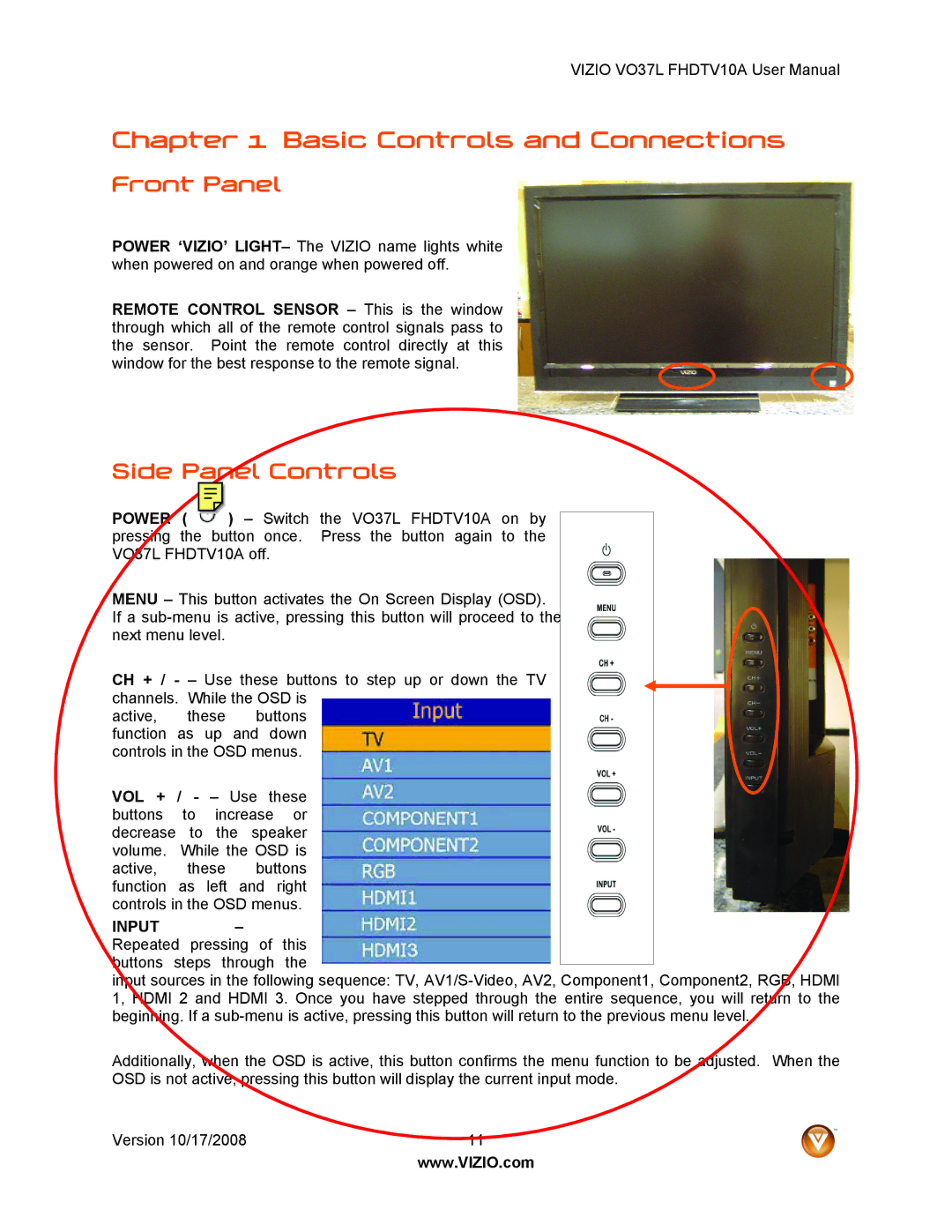 Vizio VO37L FHDTV10A user manual Front Panel, Side Panel Controls 