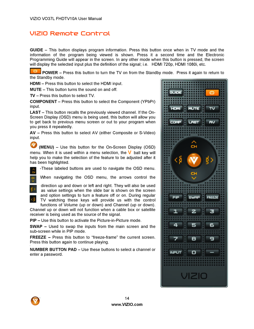 Vizio VO37L FHDTV10A user manual Vizio Remote Control 