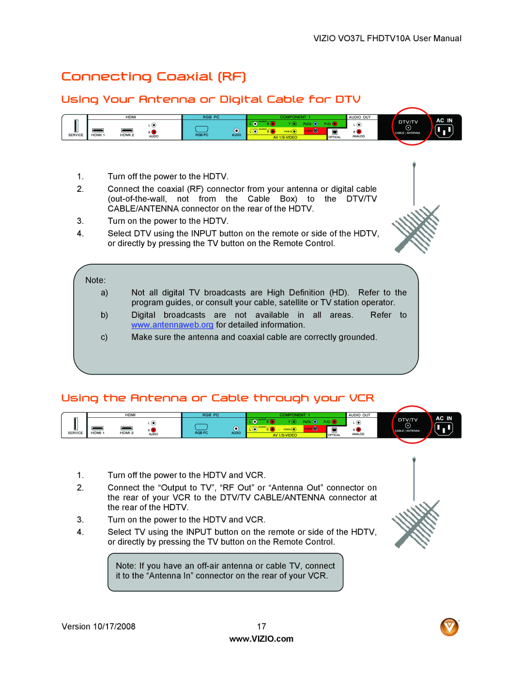 Vizio VO37L FHDTV10A user manual Connecting Coaxial RF, Using Your Antenna or Digital Cable for DTV 