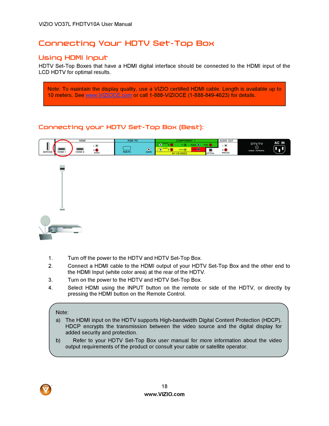 Vizio VO37L FHDTV10A user manual Connecting Your Hdtv Set-Top Box, Using Hdmi Input, Connecting your Hdtv Set-Top Box Best 