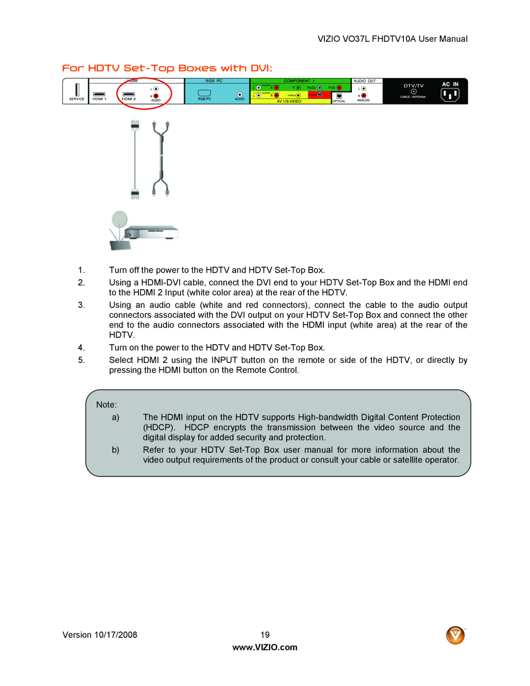 Vizio VO37L FHDTV10A user manual For Hdtv Set-Top Boxes with DVI 