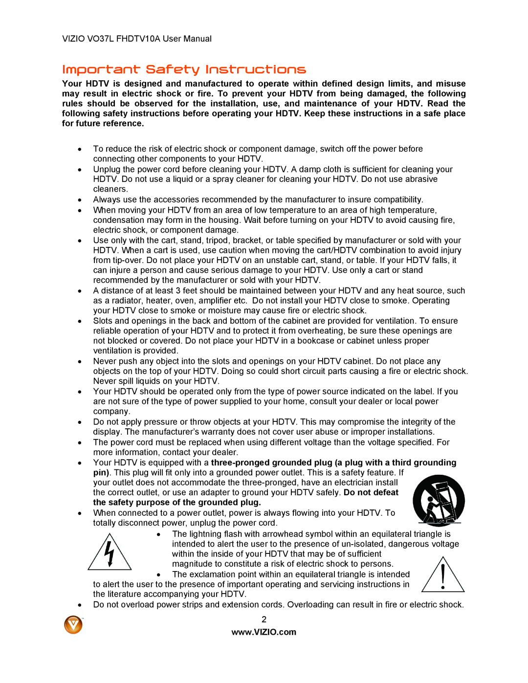 Vizio VO37L FHDTV10A user manual Important Safety Instructions 