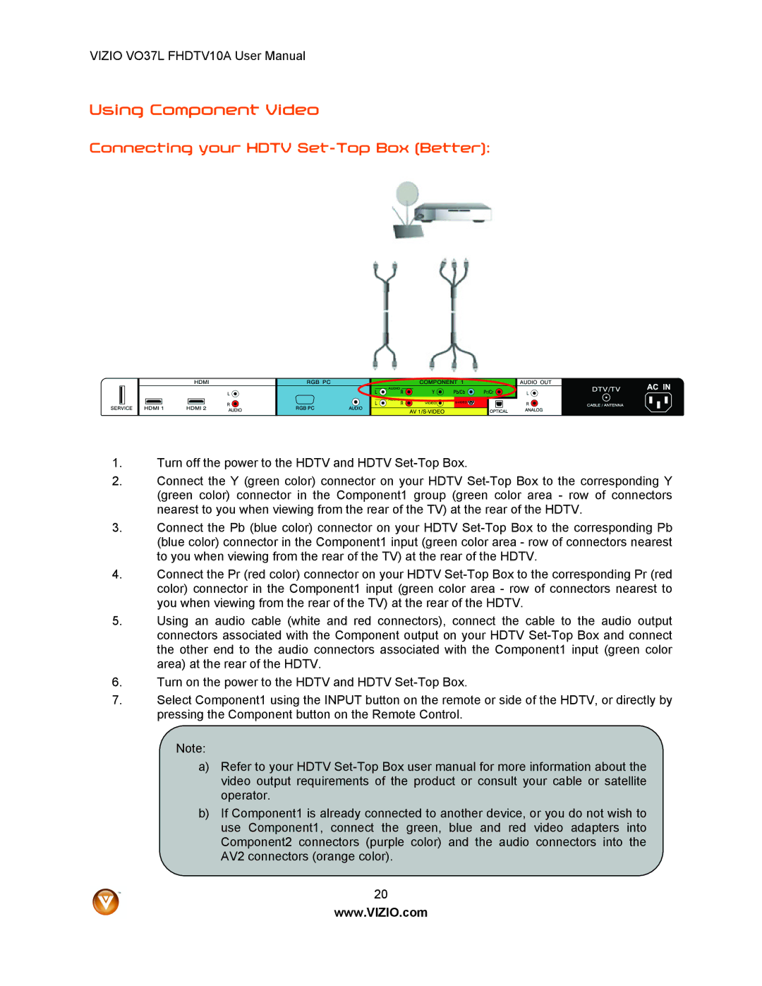 Vizio VO37L FHDTV10A user manual Using Component Video, Connecting your Hdtv Set-Top Box Better 