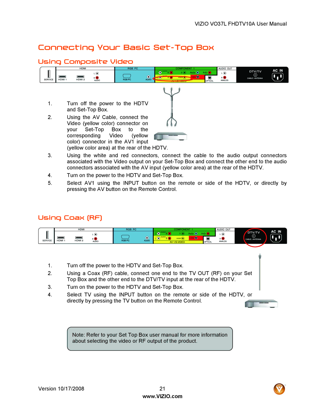 Vizio VO37L FHDTV10A user manual Connecting Your Basic Set-Top Box, Using Composite Video, Using Coax RF 