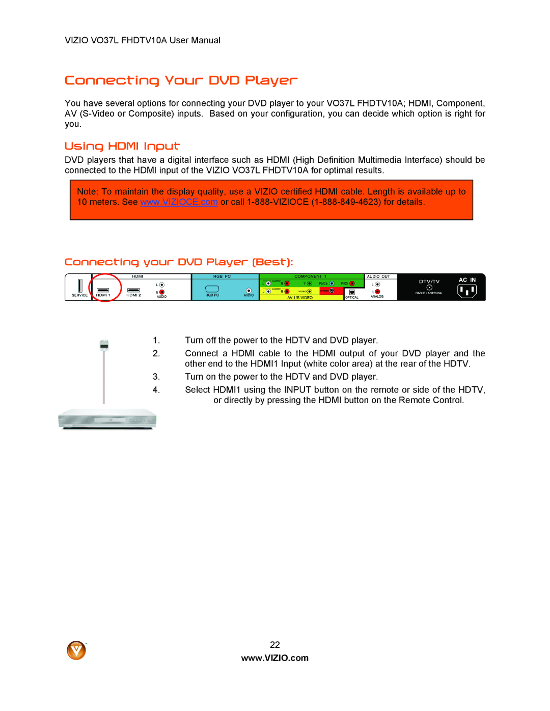 Vizio VO37L FHDTV10A user manual Connecting Your DVD Player, Connecting your DVD Player Best 