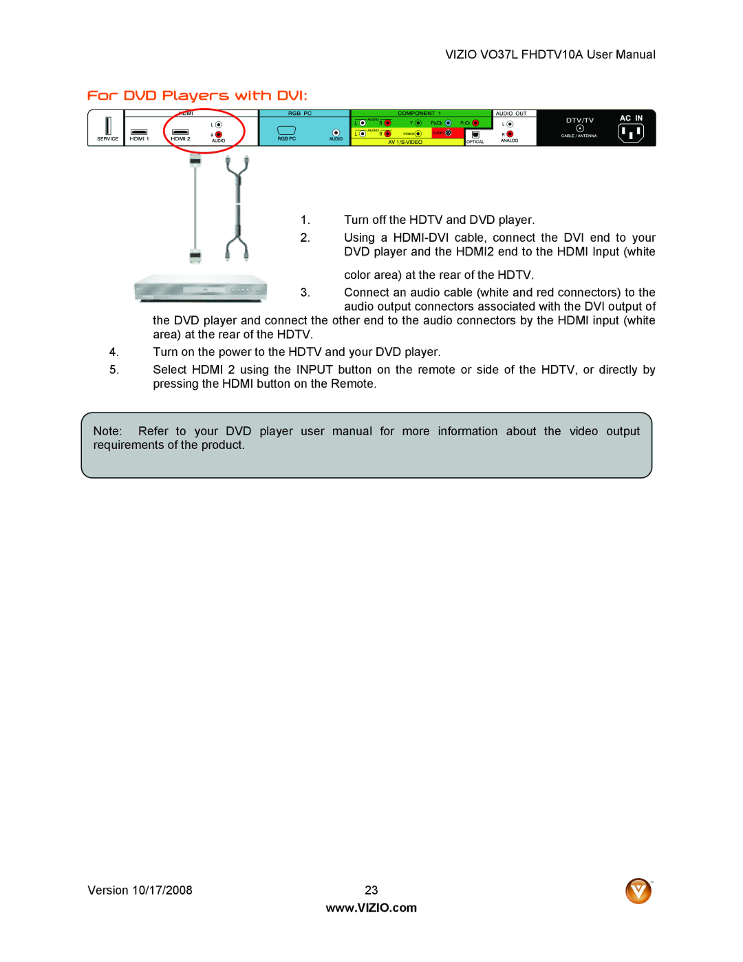 Vizio VO37L FHDTV10A user manual For DVD Players with DVI 