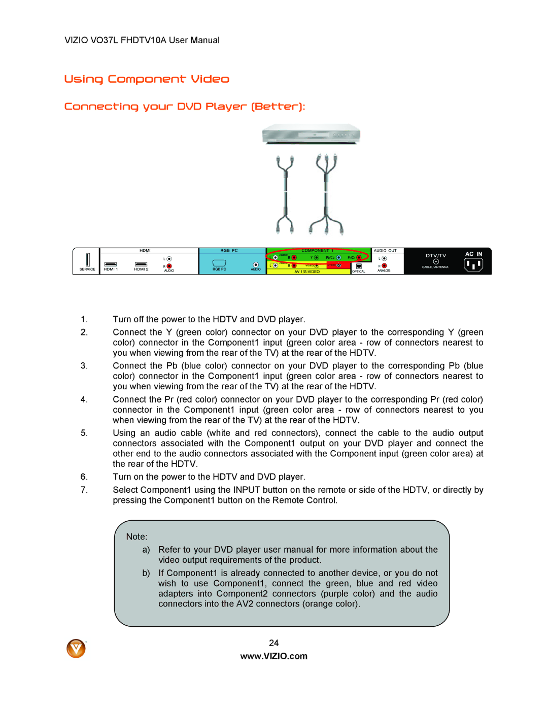 Vizio VO37L FHDTV10A user manual Using Component Video, Connecting your DVD Player Better 