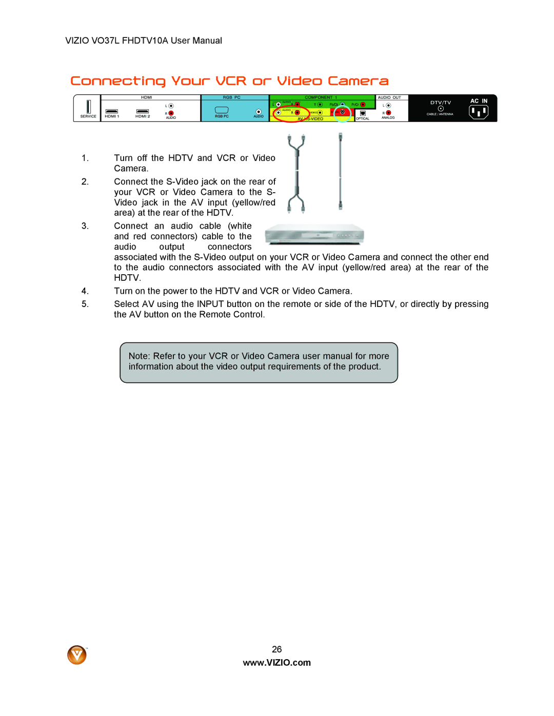 Vizio VO37L FHDTV10A user manual Connecting Your VCR or Video Camera 