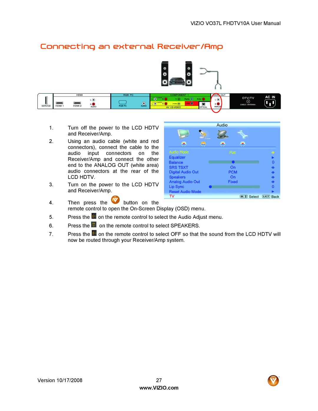 Vizio VO37L FHDTV10A user manual Connecting an external Receiver/Amp, LCD Hdtv 