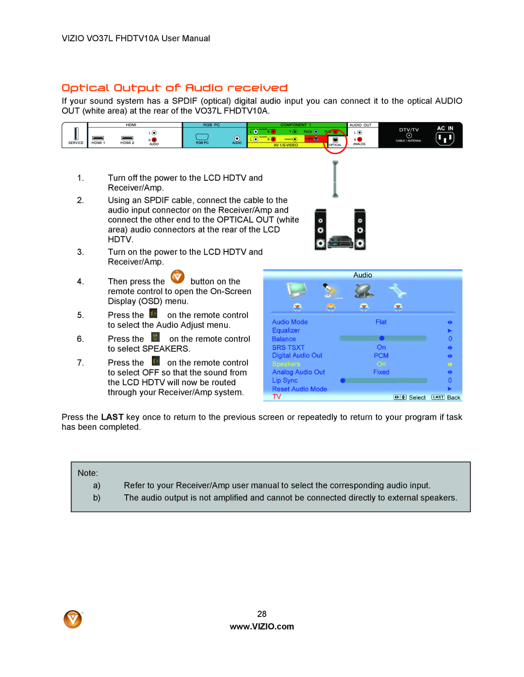 Vizio VO37L FHDTV10A user manual Optical Output of Audio received 