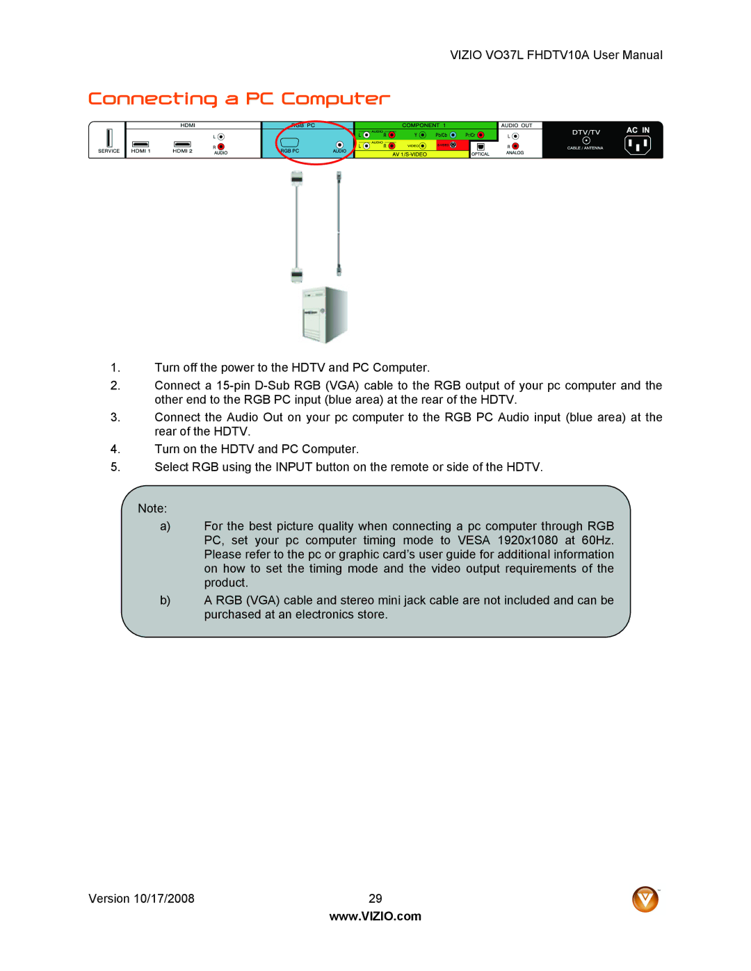 Vizio VO37L FHDTV10A user manual Connecting a PC Computer 