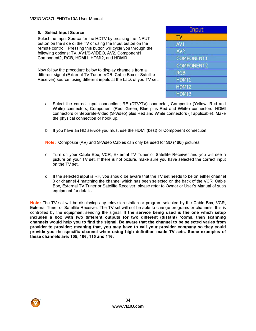 Vizio VO37L FHDTV10A user manual Select Input Source 