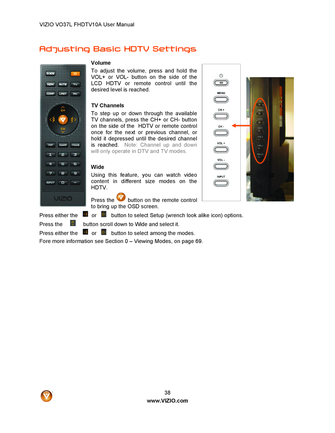 Vizio VO37L FHDTV10A user manual Adjusting Basic Hdtv Settings, Volume, TV Channels, Wide 