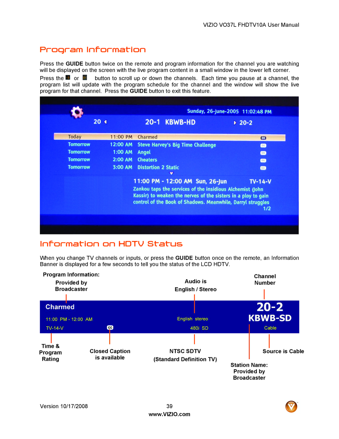 Vizio VO37L FHDTV10A Program Information, Information on Hdtv Status, Closed Caption, Program Source is Cable Rating 