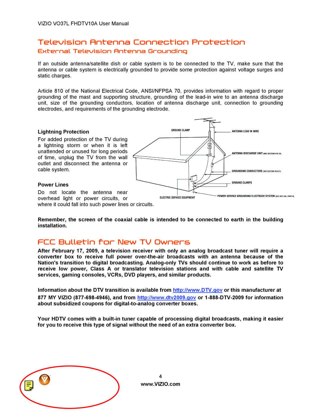 Vizio VO37L FHDTV10A Television Antenna Connection Protection, FCC Bulletin for New TV Owners, Lightning Protection 