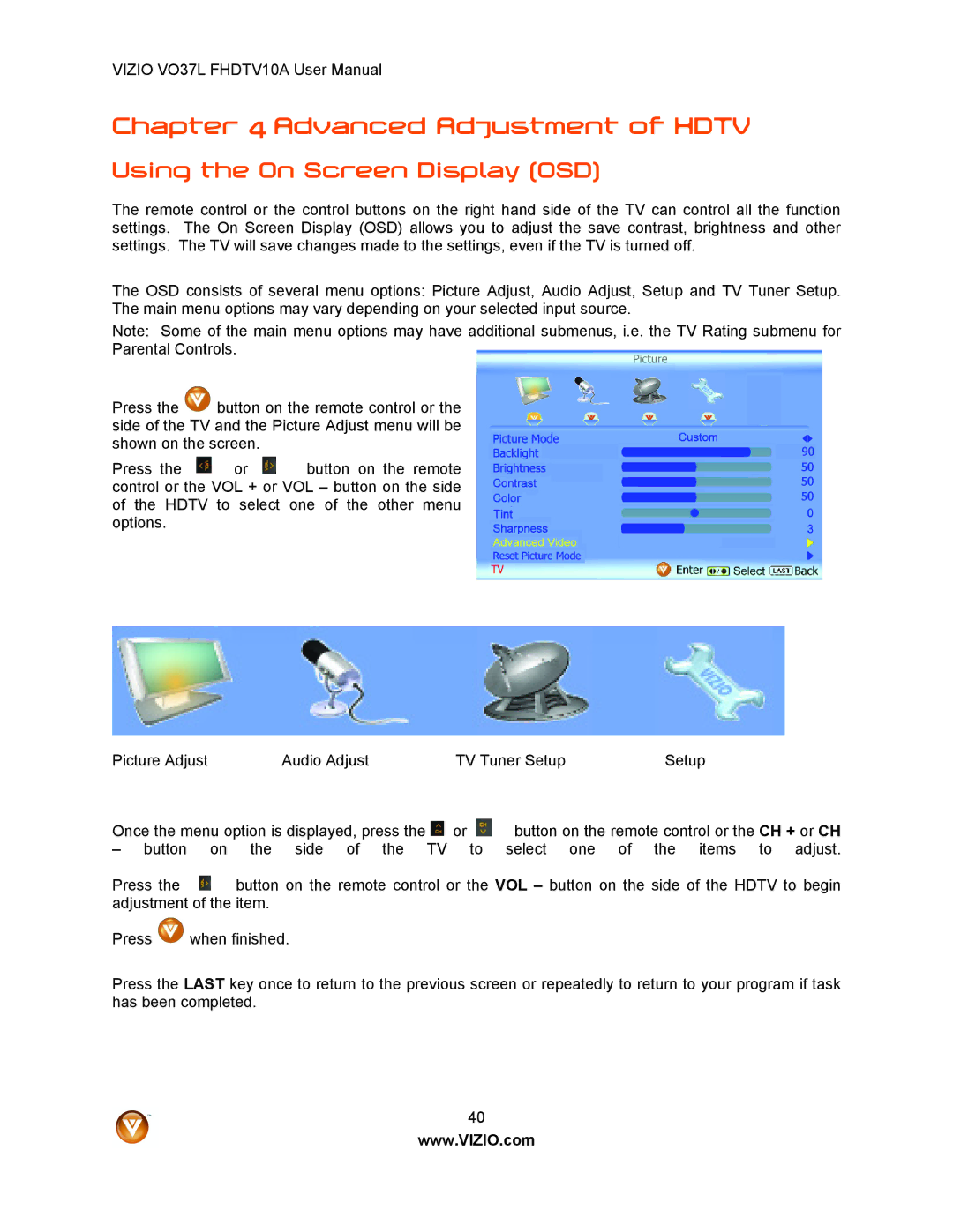 Vizio VO37L FHDTV10A user manual Advanced Adjustment of Hdtv, Using the On Screen Display OSD 