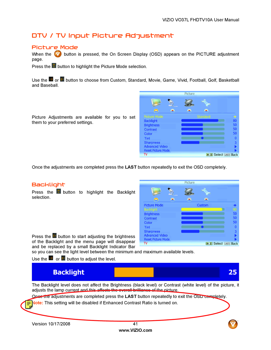 Vizio VO37L FHDTV10A user manual DTV / TV Input Picture Adjustment, Picture Mode, Backlight 