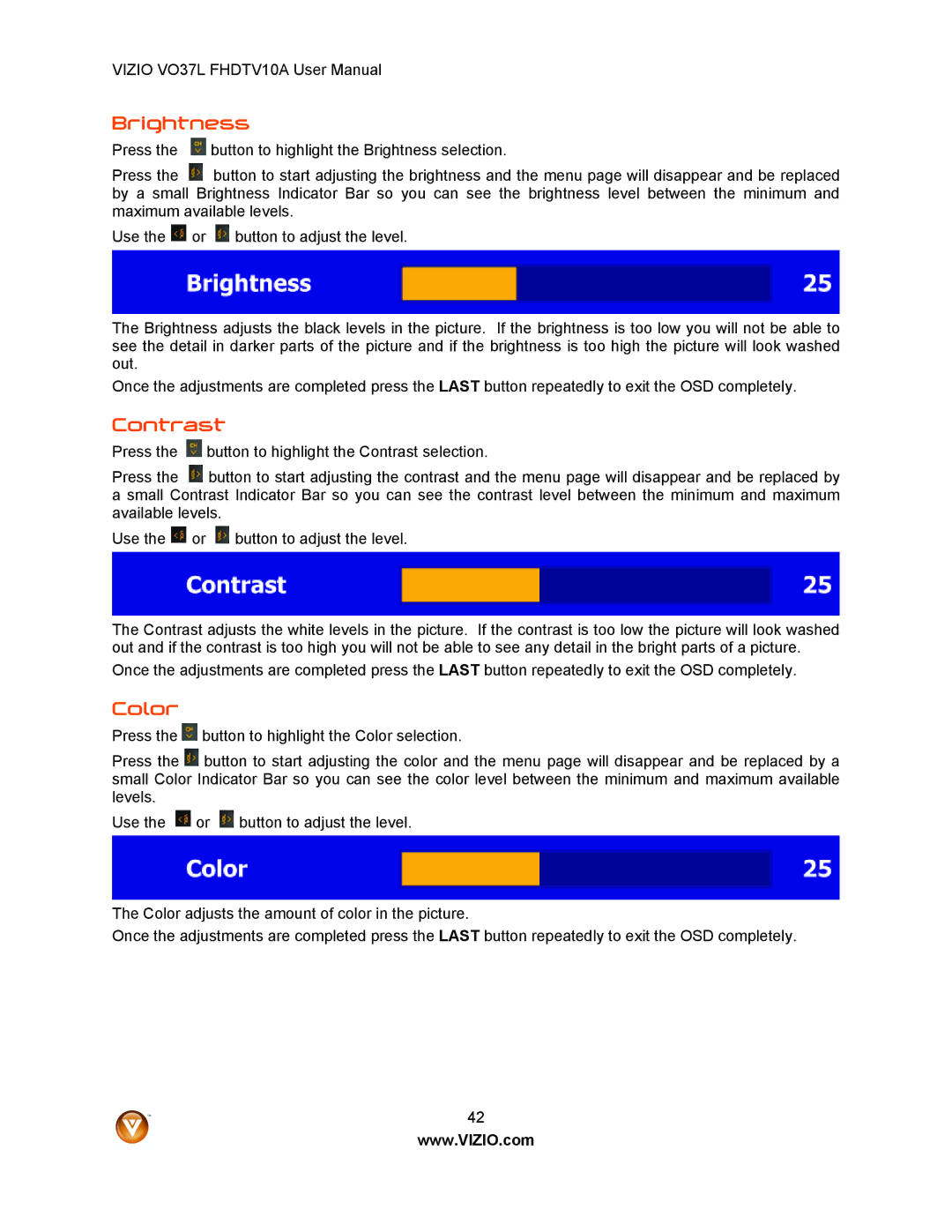 Vizio VO37L FHDTV10A user manual Brightness, Contrast, Color 