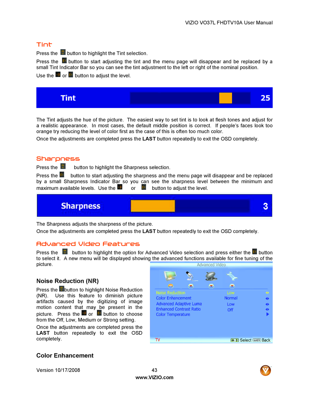 Vizio VO37L FHDTV10A user manual Tint, Sharpness, Advanced Video Features, Noise Reduction NR, Color Enhancement 