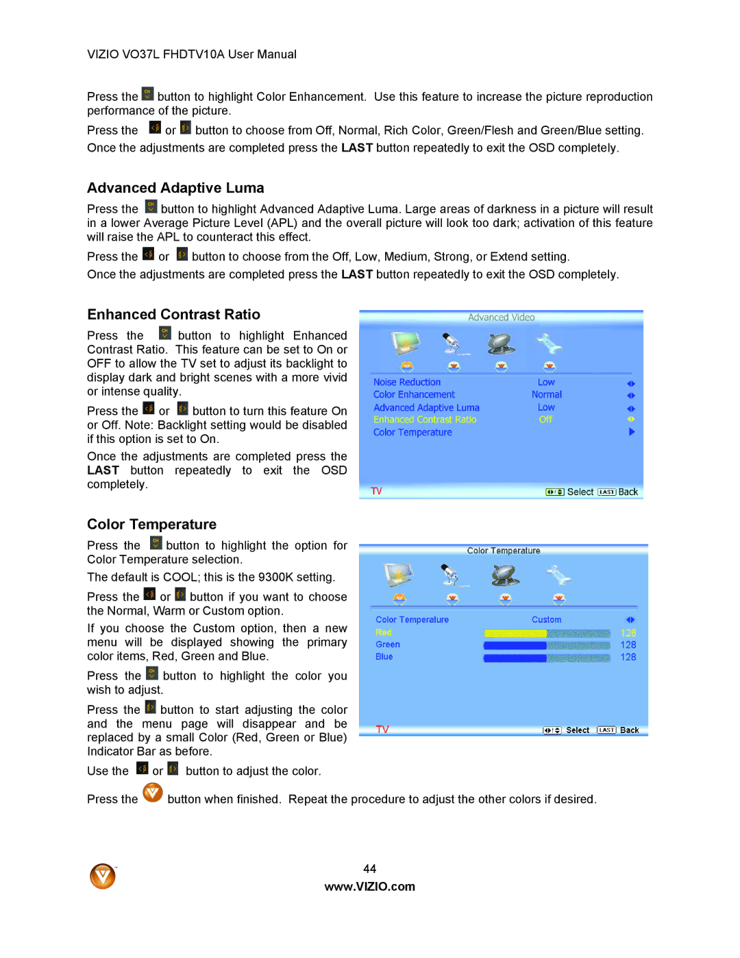 Vizio VO37L FHDTV10A user manual Advanced Adaptive Luma, Enhanced Contrast Ratio, Color Temperature 
