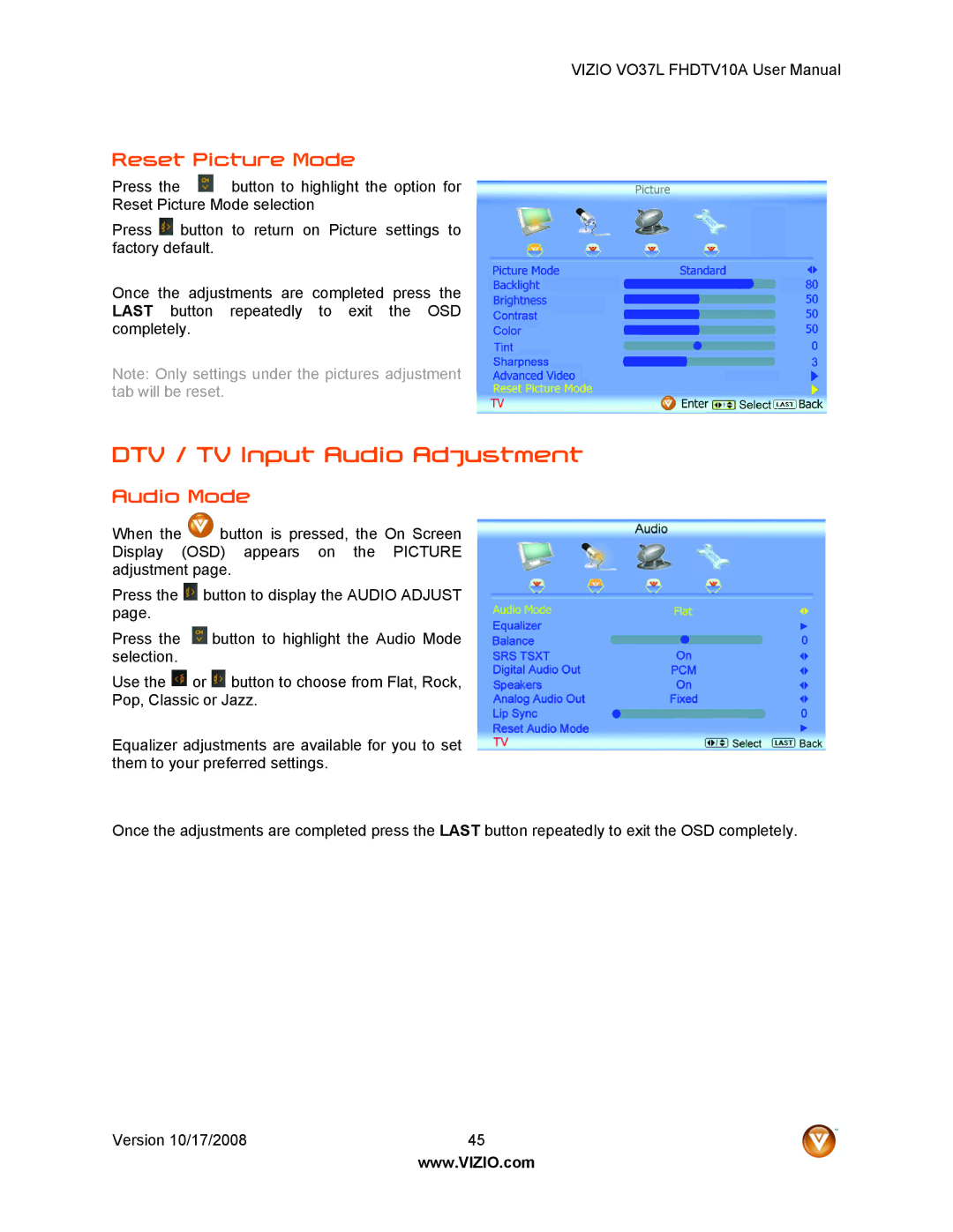 Vizio VO37L FHDTV10A user manual DTV / TV Input Audio Adjustment, Reset Picture Mode, Audio Mode 