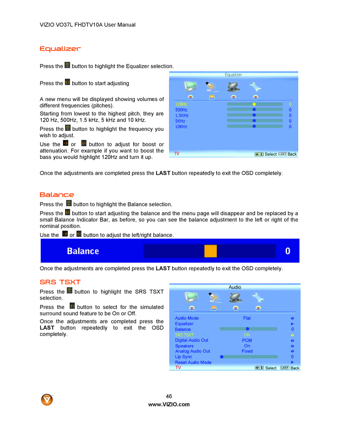 Vizio VO37L FHDTV10A user manual Equalizer, Balance 