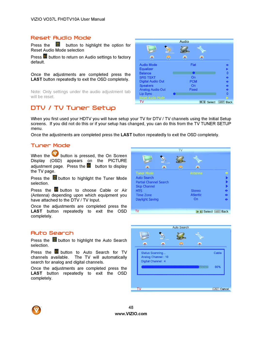 Vizio VO37L FHDTV10A user manual DTV / TV Tuner Setup, Reset Audio Mode, Tuner Mode, Auto Search 