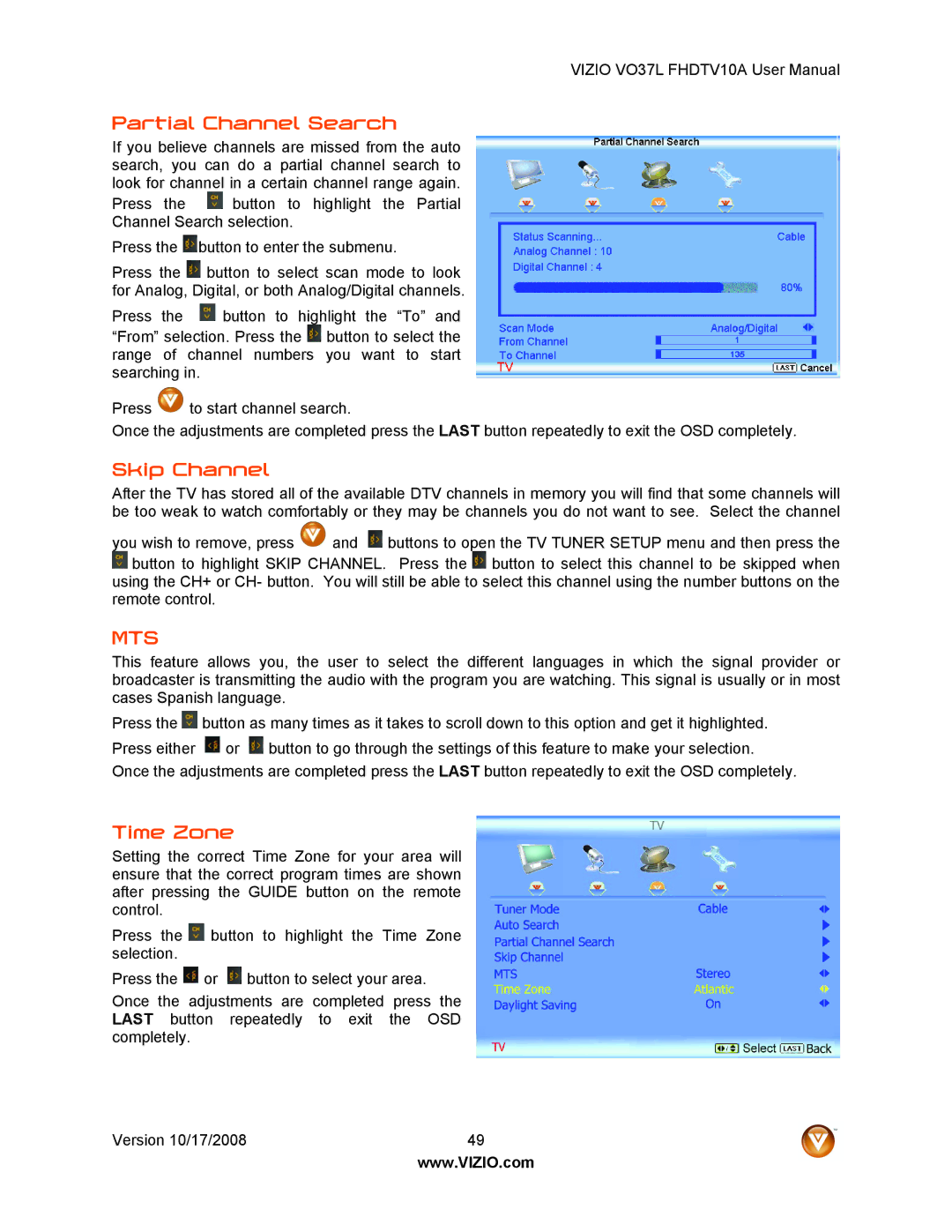 Vizio VO37L FHDTV10A user manual Partial Channel Search, Skip Channel, Time Zone 
