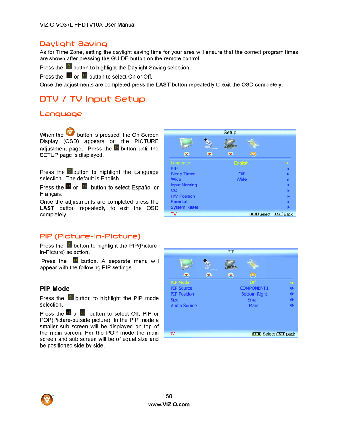 Vizio VO37L FHDTV10A user manual DTV / TV Input Setup, Daylight Saving, Language, PIP Picture-in-Picture, PIP Mode 