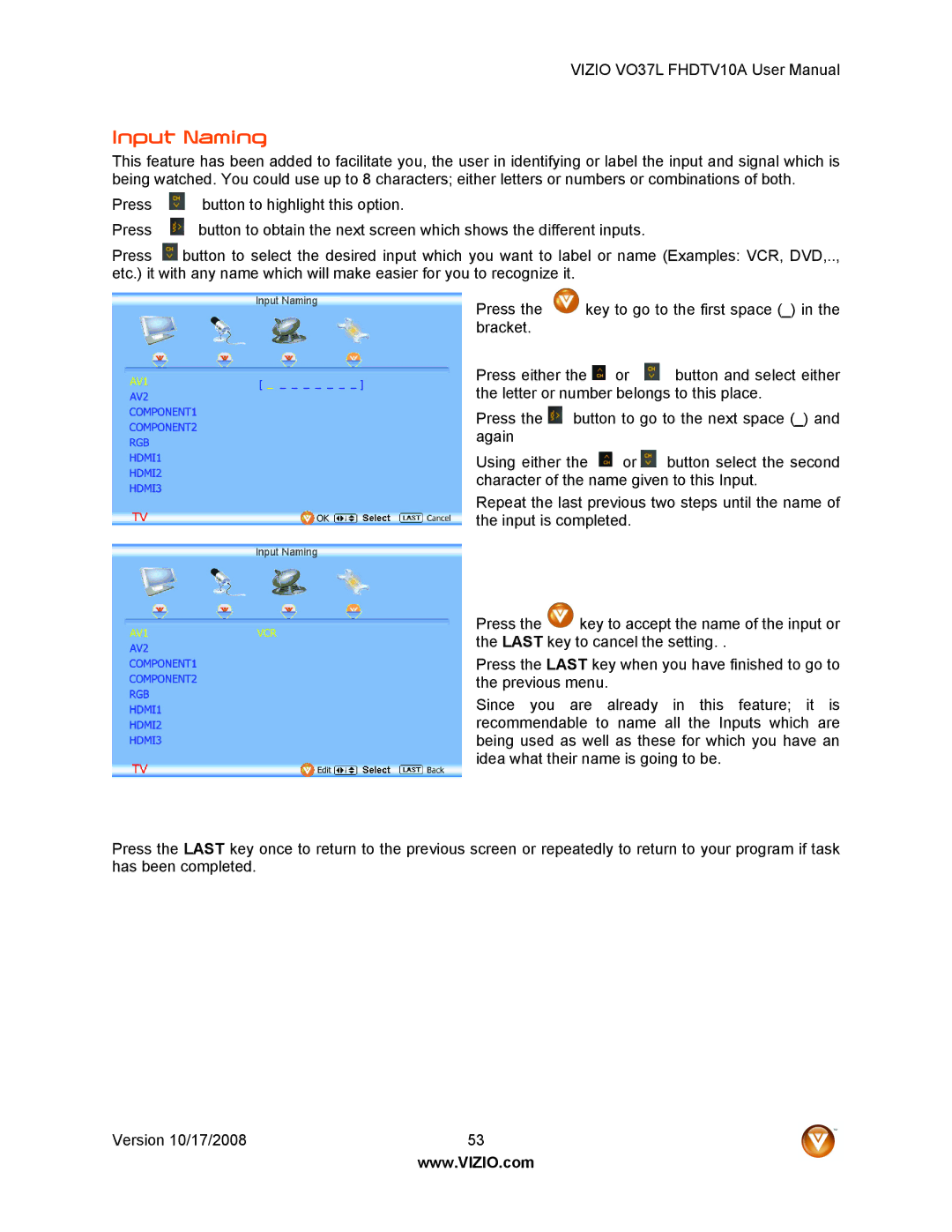 Vizio VO37L FHDTV10A user manual Input Naming 