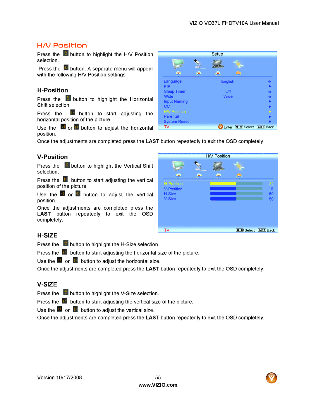 Vizio VO37L FHDTV10A user manual Position 