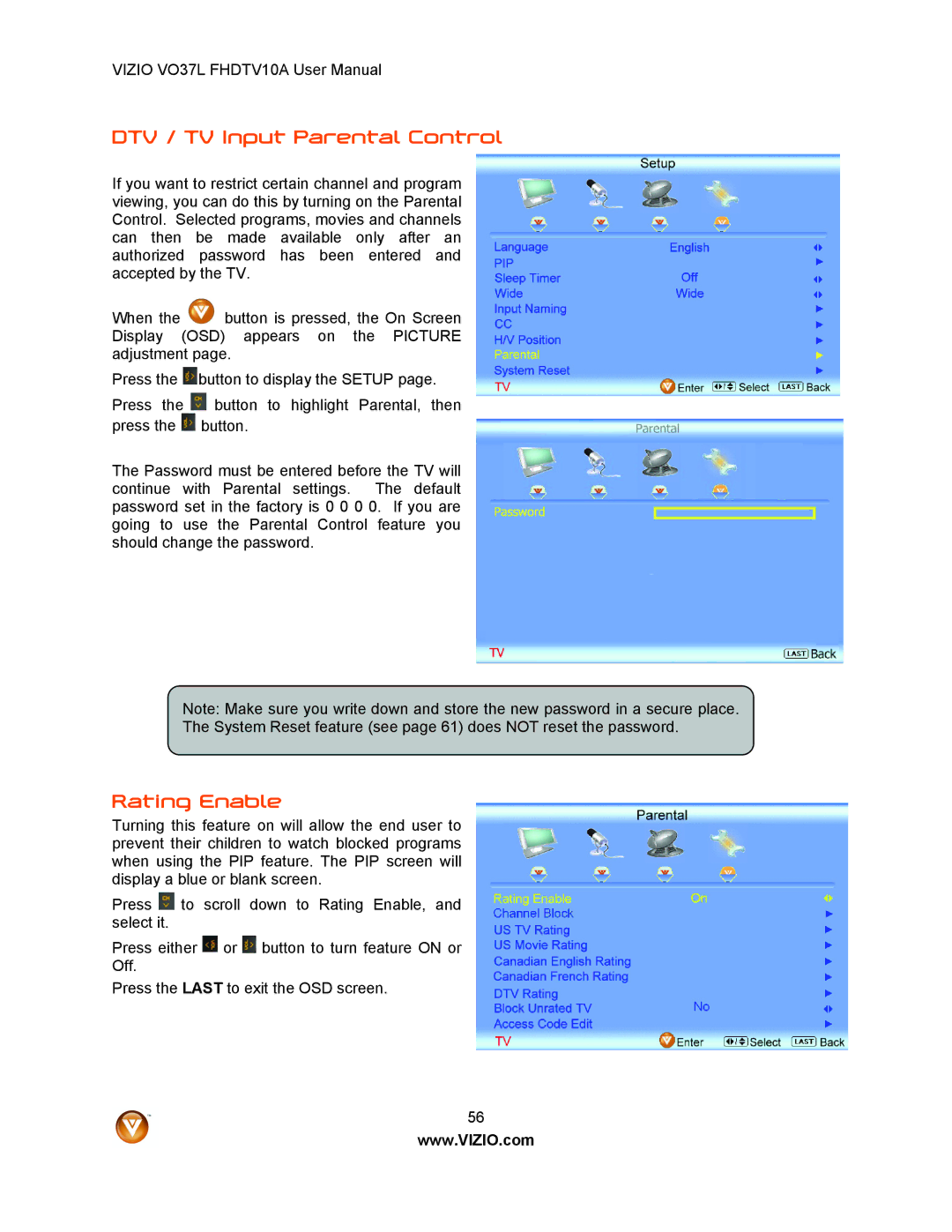 Vizio VO37L FHDTV10A user manual DTV / TV Input Parental Control, Rating Enable 
