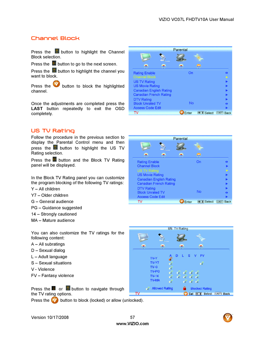 Vizio VO37L FHDTV10A user manual Channel Block, US TV Rating 