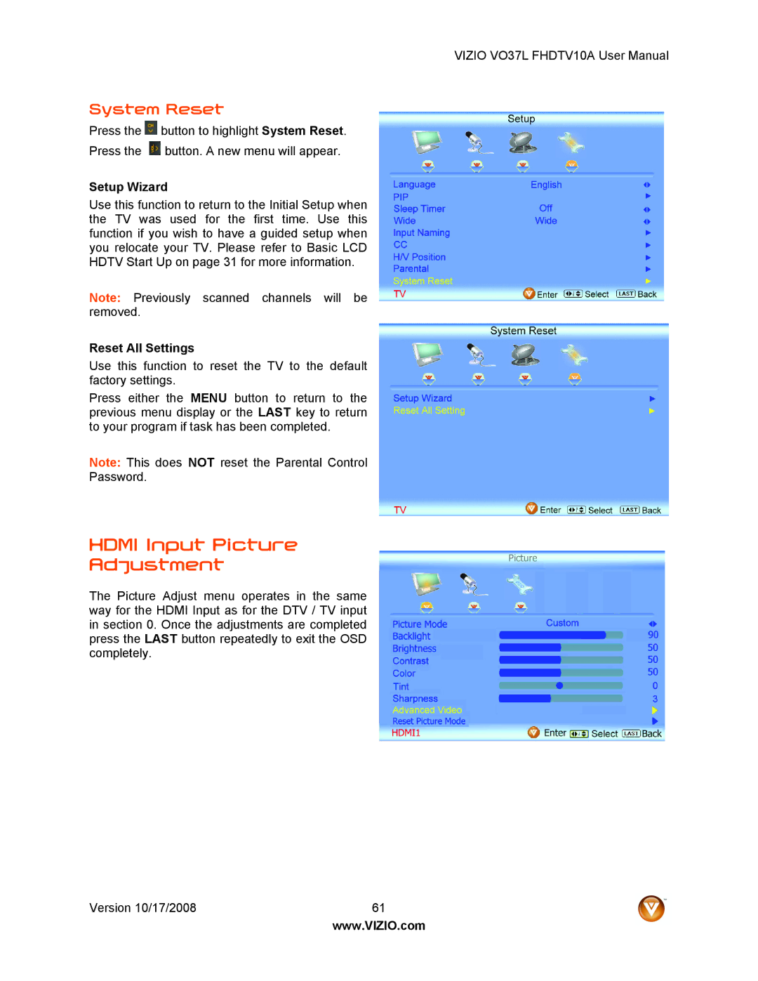 Vizio VO37L FHDTV10A user manual Hdmi Input Picture Adjustment, System Reset, Setup Wizard, Reset All Settings 