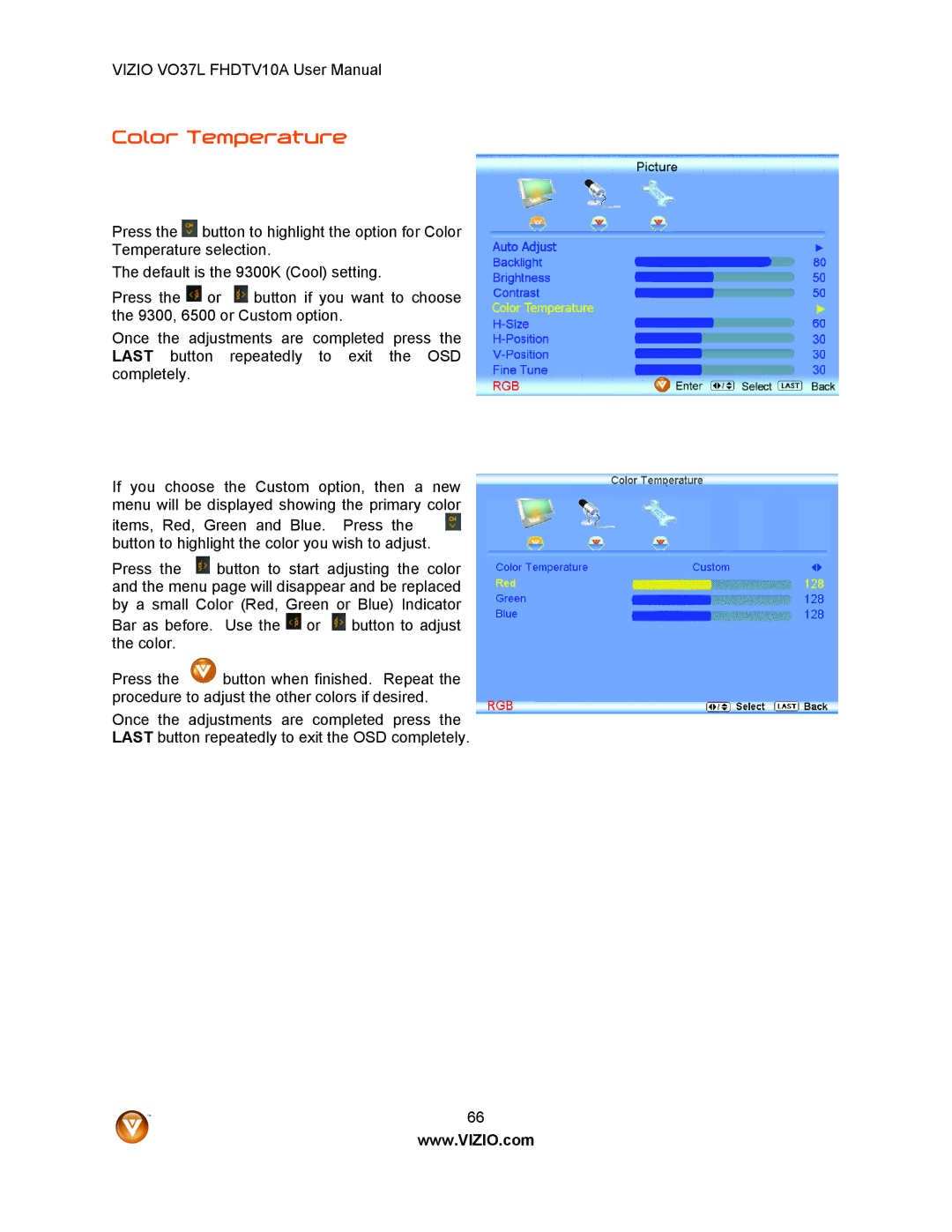 Vizio VO37L FHDTV10A user manual Color Temperature 