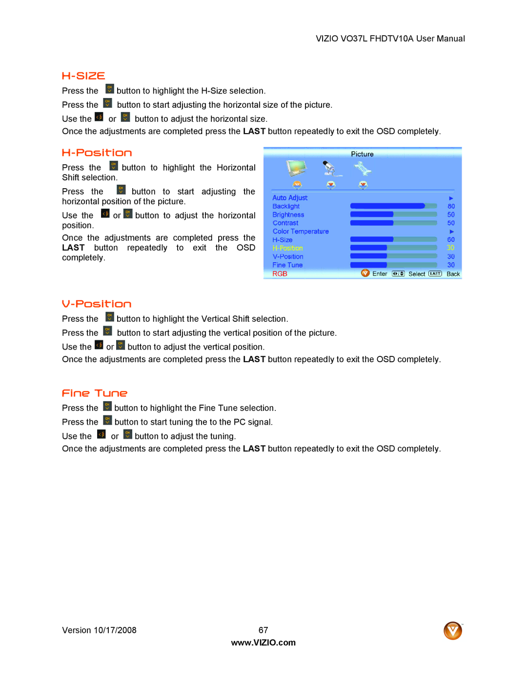 Vizio VO37L FHDTV10A user manual Size, Fine Tune 