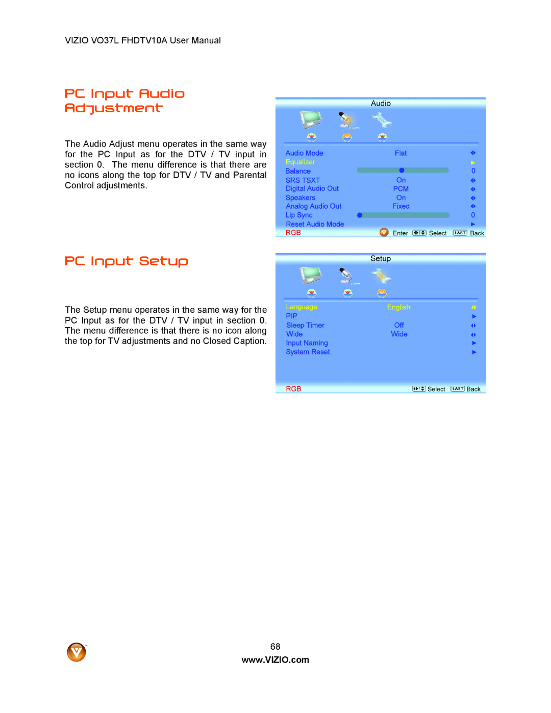 Vizio VO37L FHDTV10A user manual PC Input Audio Adjustment, PC Input Setup 