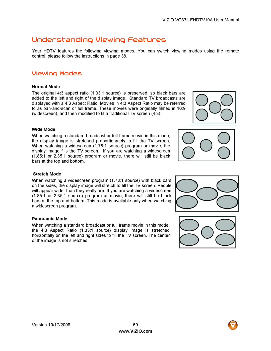 Vizio VO37L FHDTV10A user manual Understanding Viewing Features, Viewing Modes 